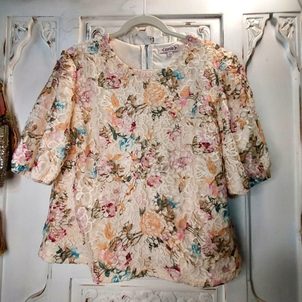 Nanette Lepore, Floral, Lace, Zip-up, Blouse